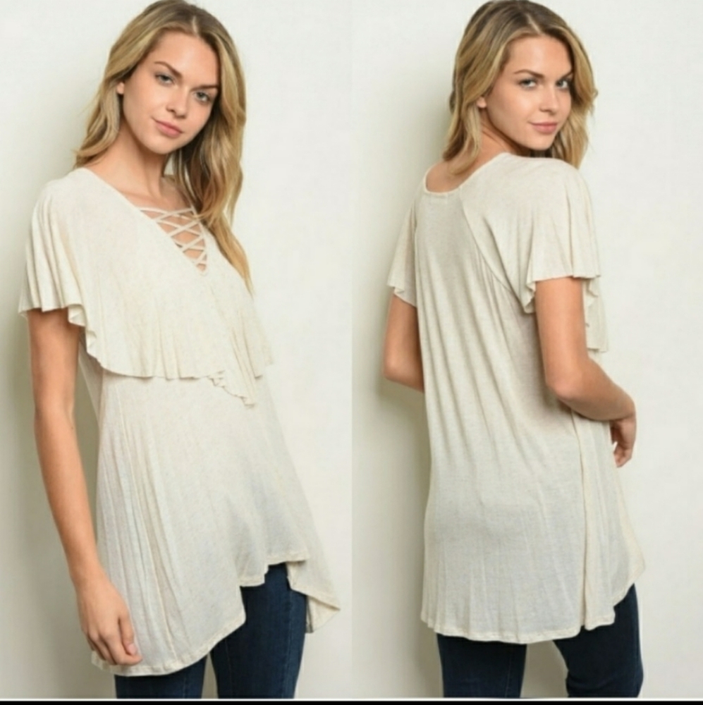 SALE!🔥Ruffle Criss Cross Tunic Top in Oatmeal